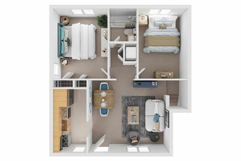 Floor plan for 2 beds, 1 bath, 849 sqft
