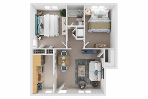 Floor plan for 2 beds, 1 bath, 849 sqft