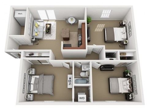Floor plan for 3 beds, 1 bath, 850 sqft