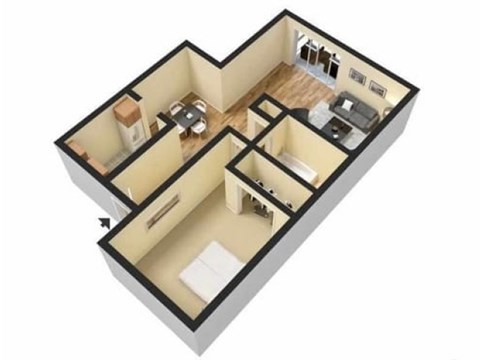 Floor plan for 1 bed, 1 bath, 725 sqft