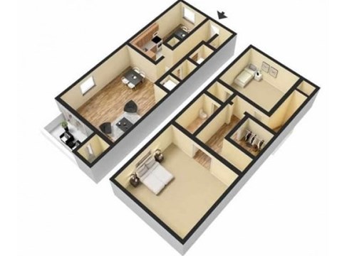 Floor plan for 2 beds, 1.5 baths, 1200 sqft