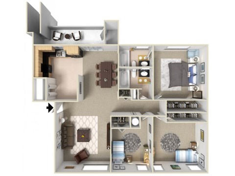 Floor plan for 3 beds, 2 baths, 1359 sqft