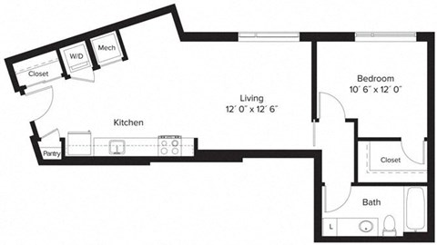 Floor plan for 1 bed, 1 bath, 650 sqft