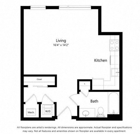 Floor plan for studio, 1 bath, 472 sqft