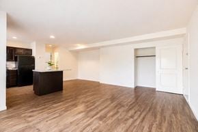 Linthicum apartment for rent - A bench with a black metal frame and a seat made of wood is situated on a concrete slab in a grassy area.