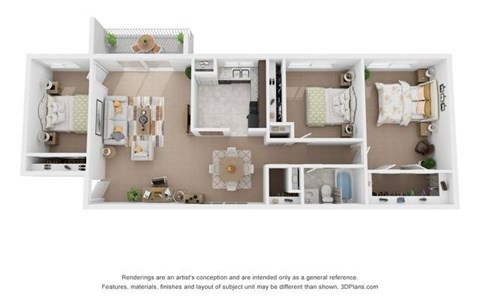 Floor plan for 3 beds, 1 bath, 950 sqft