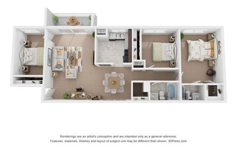 Floor plan for 3 beds, 2 baths, 950 sqft