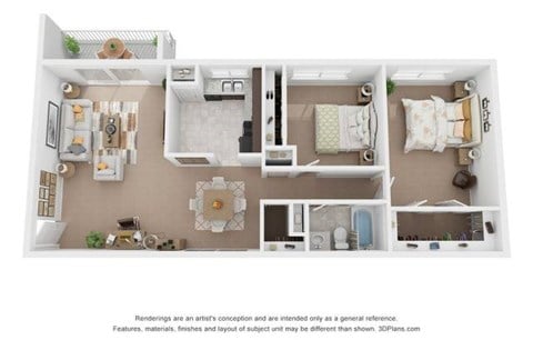 Floor plan for 2 beds, 1 bath, 950 sqft