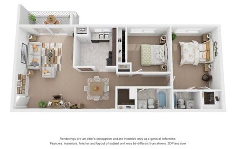 Floor plan for 2 beds, 2 baths, 950 sqft