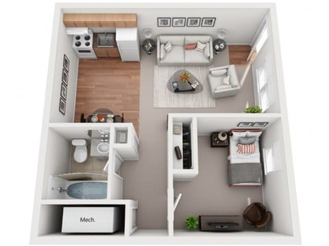 Floor plan for 1 bed, 1 bath, 600 sqft