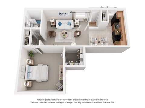 Floor plan for 1 bed, 1 bath, 730 sqft