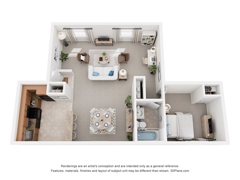 Floor plan for 1 bed, 1 bath, 730 sqft