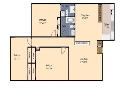 Floor plan for 3 beds, 2 baths, 1150 sqft