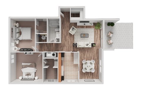Floor plan for 2 beds, 1.5 baths, 1037 sqft