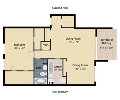 Floor plan for 1 bed, 1 bath, 756 sqft