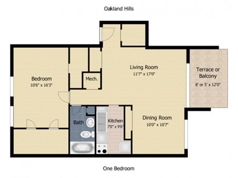 Floor plan for 1 bed, 1 bath, 900 sqft