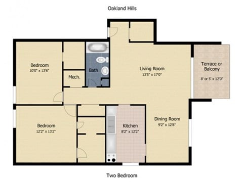 Floor plan for 2 beds, 1 bath, 1037 sqft