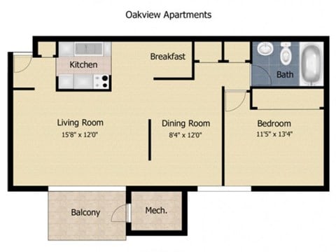 Floor plan for 1 bed, 1 bath, 703 sqft
