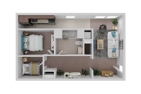 Floor plan for 2 beds, 1 bath, 630 sqft