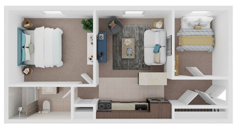 Floor plan for 2 beds, 1 bath, 630 sqft