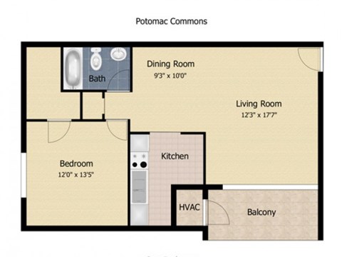 Floor plan for 1 bed, 1 bath, 950 sqft