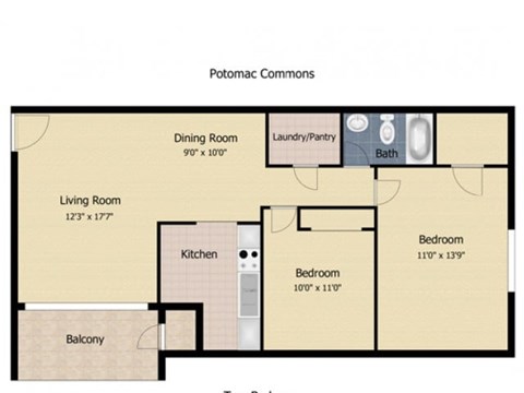 Floor plan for 2 beds, 1 bath, 1200 sqft