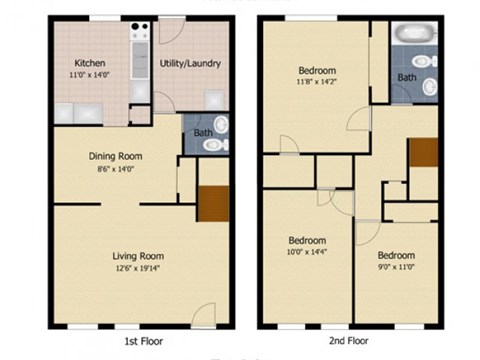 Floor plan for 3 beds, 1.5 baths, 1375 sqft