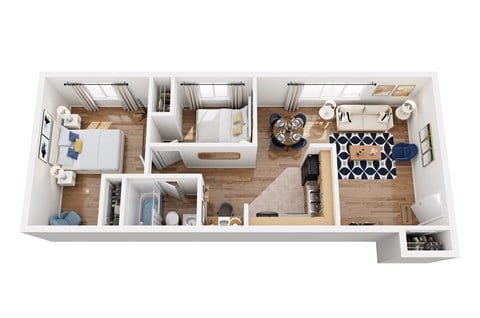 Floor plan for 2 beds, 1 bath, 940 sqft