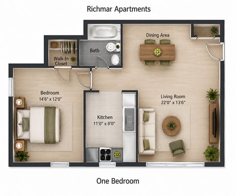Floor plan for 1 bed, 1 bath, 559 sqft