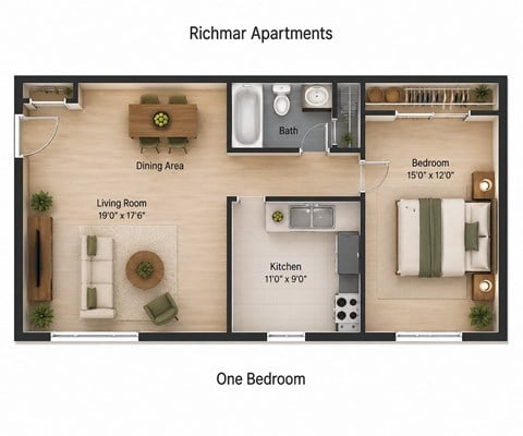 Floor plan for 1 bed, 1 bath, 612 sqft