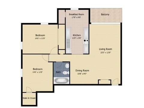 Floor plan for 2 beds, 1 bath, 940 sqft