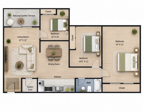 Floor plan for 3 beds, 1 bath, 1200 sqft