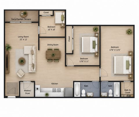 Floor plan for 3 beds, 2 baths, 1200 sqft