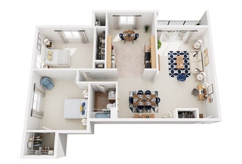 Floor plan for 2 beds, 1 bath, 940 sqft