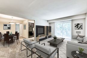 Sykesville apartment for rent - A modern living room with a television, a couch, a chair, a dining table, and a coffee table.