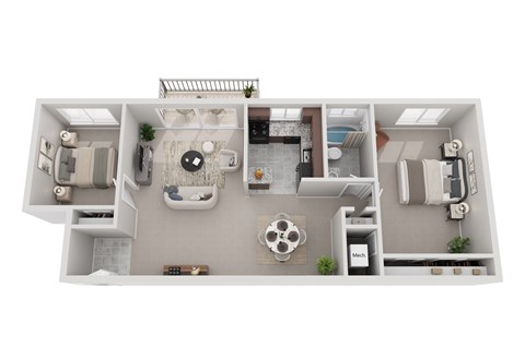 Floor plan for 2 beds, 1 bath, 859 sqft