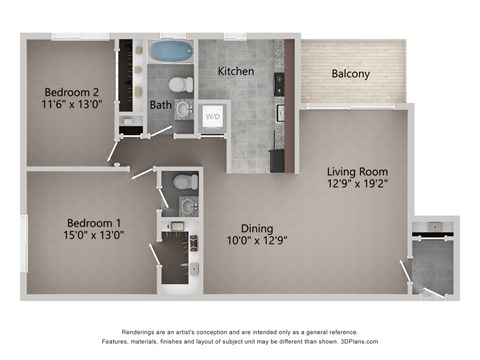 Floor plan for 2 beds, 1.5 baths, 959 sqft