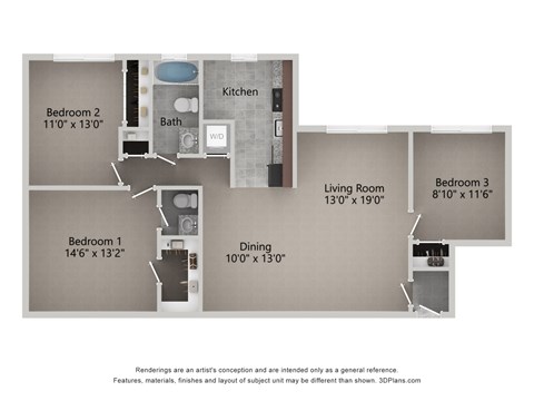Floor plan for 3 beds, 1.5 baths, 1066 sqft
