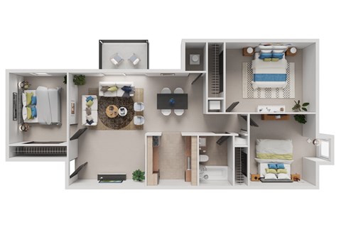 Floor plan for 3 beds, 1 bath, 880 sqft