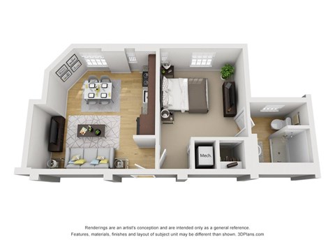 Floor plan for 1 bed, 1 bath, 500 sqft