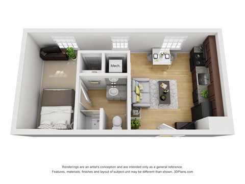 Floor plan for 1 bed, 1 bath, 500 sqft