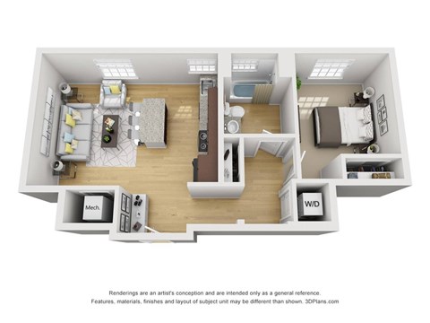 Floor plan for 1 bed, 1 bath, 620 sqft