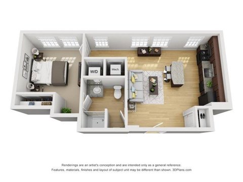 Floor plan for 1 bed, 1 bath, 620 sqft