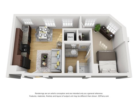 Floor plan for 1 bed, 1 bath, 415 sqft