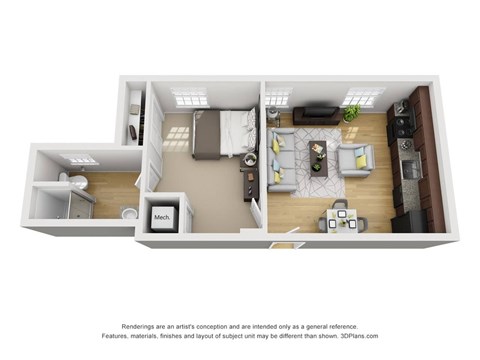 Floor plan for 1 bed, 1 bath, 415 sqft