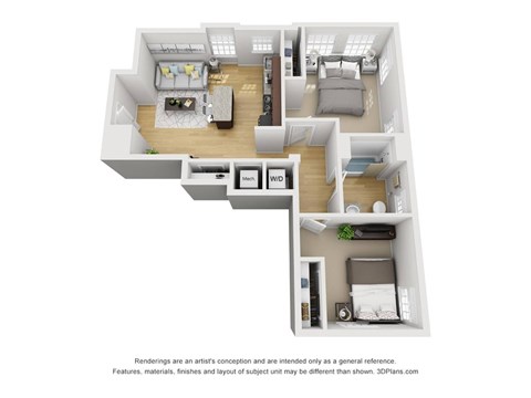 Floor plan for 2 beds, 1 bath, 830 sqft