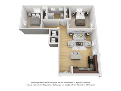 Floor plan for 2 beds, 1 bath, 830 sqft