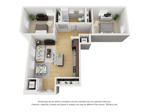 Floor plan for 2 beds, 1 bath, 820 sqft