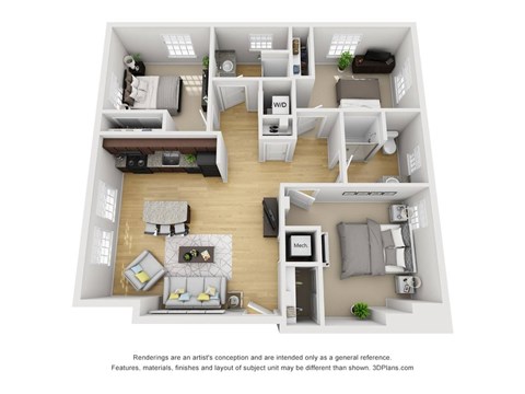 Floor plan for 3 beds, 2 baths, 1025 sqft