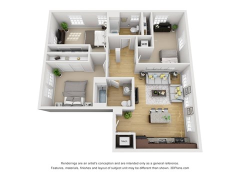 Floor plan for 3 beds, 2 baths, 1025 sqft